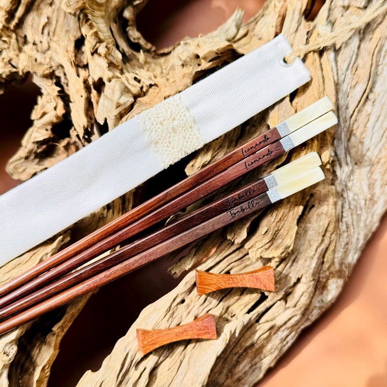 Personalized Rosewood Chopstick Set: Seashell Silver Tip, Hand-Knitted Pouch image 13