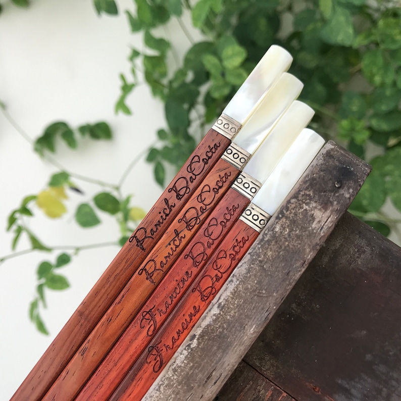 Personalized Rosewood Chopstick Set: Seashell Silver Tip, Hand-Knitted Pouch image 9