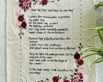 Custom Poem Embroidery, Hand Stitched Vows Canvas Art, Floral Fabric Sign, masterpieces of craftsmanship
