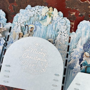Carte de printemps pop-up Winter Wonderland fabriquée à la main, carte de printemps 3D fantaisiste avec crèche et flocons de neige image 9