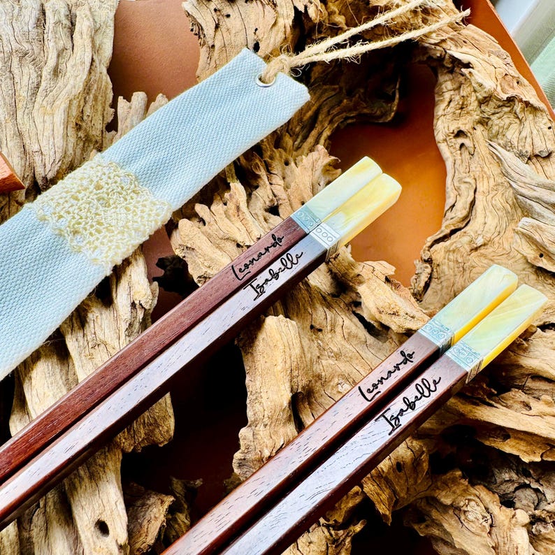 Personalized Rosewood Chopstick Set: Seashell Silver Tip, Hand-Knitted Pouch image 15