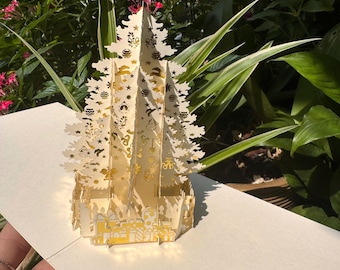 3D Pop-Up Christmas Card, Handmade Gold Foil Holiday Keepsake