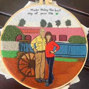 Custom Family Portrait Embroidery: Hand-stitched Cotton Canvas Art