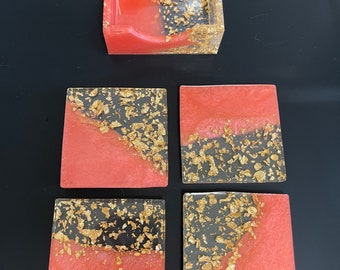Resin Coaster Set of 4 | Peach and Gold Flakes | Matching Holder