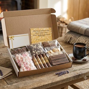 May include: A cardboard gift box containing various hot chocolate ingredients including pink marshmallows, chocolate shavings, chocolate sticks, and biscuits. A card inside reads: Add boiling your milk Hot chocolate. Add your toppings of choice.