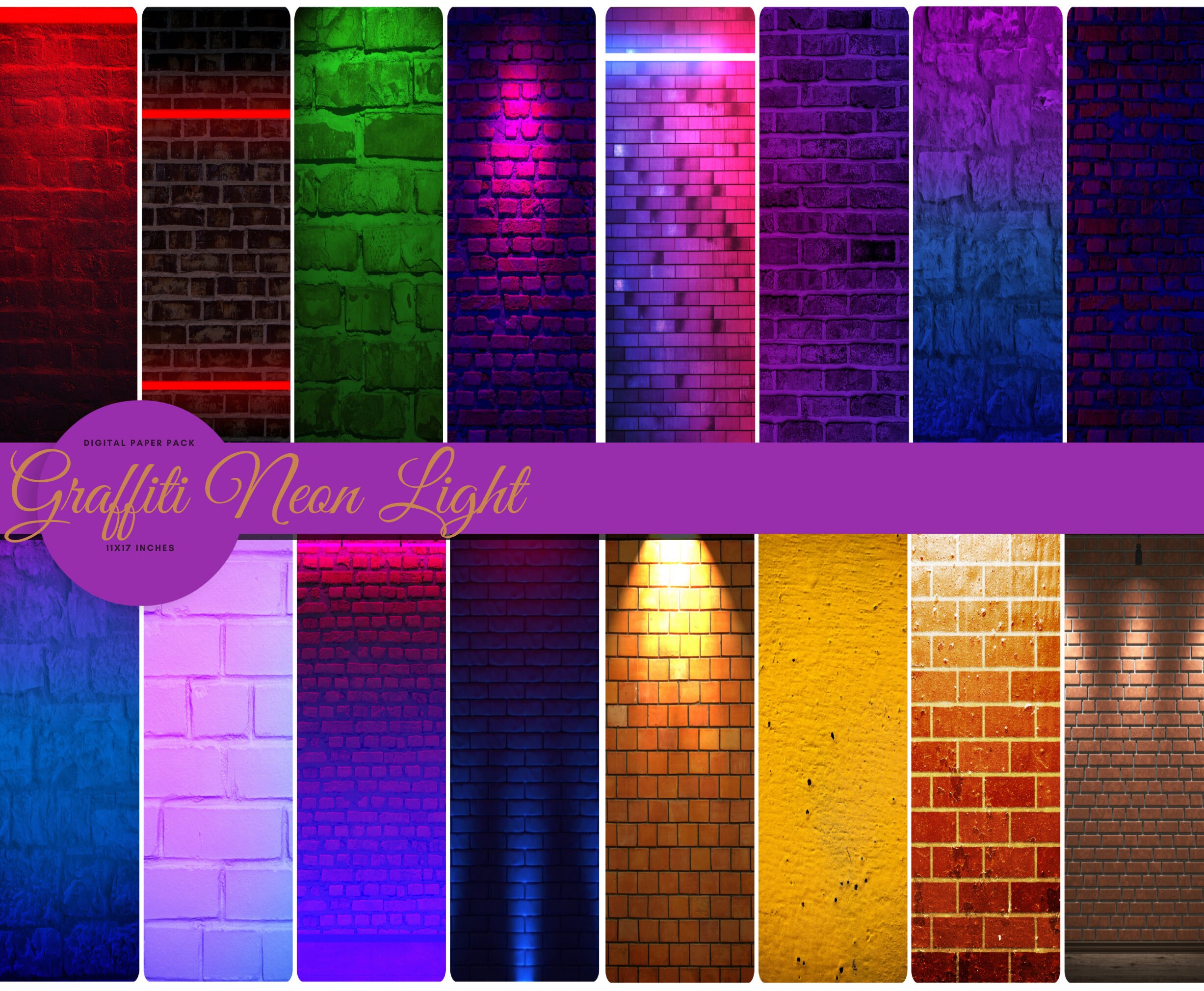 Graffiti Brick Wall Neon Light Background Digital Papers Etsy