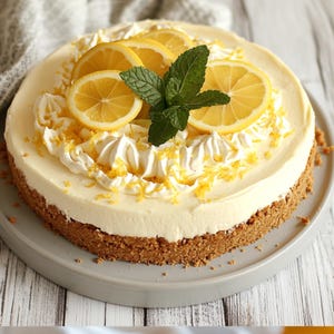 Whole No-Bake Lemon Cheesecake decorated with whipped cream swirls, lemon slices, and mint.
