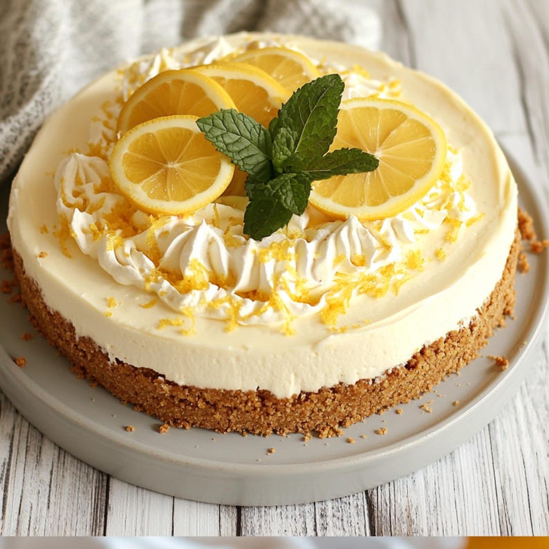 Whole No-Bake Lemon Cheesecake decorated with whipped cream swirls, lemon slices, and mint.