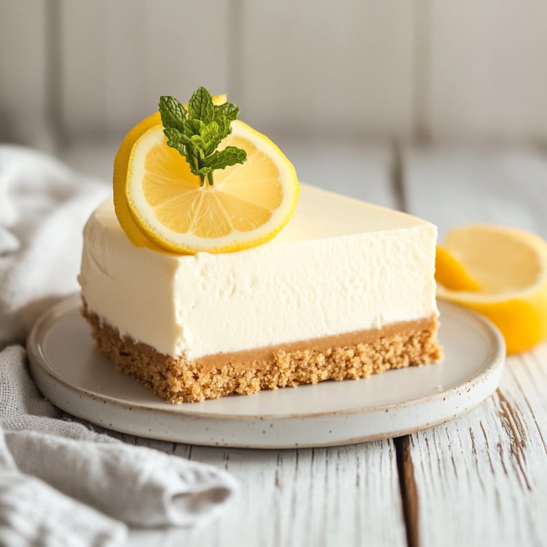 Slice of tall No-Bake Lemon Cheesecake on a plate with mint and lemon garnish on a rustic white table.