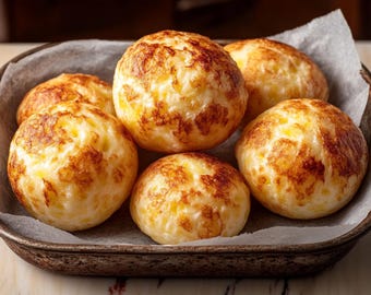 May include: A close-up shot of six golden-brown, round cheese bread rolls in a rectangular metal baking dish. The rolls are baked to a perfect golden color with darker brown spots. The rolls are sitting on a piece of parchment paper.