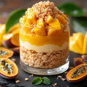 Puede incluir: Un postre en capas en un vaso transparente, con una base de masa desmenuzada, una capa intermedia cremosa y cubierto con mango en cubitos y una pizca de migas. Rodajas de maracuyá y trozos de mango rodean el vaso.