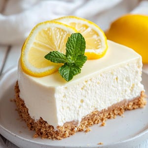 Slice of tall No-Bake Lemon Cheesecake on a plate, featuring the graham cracker crust.