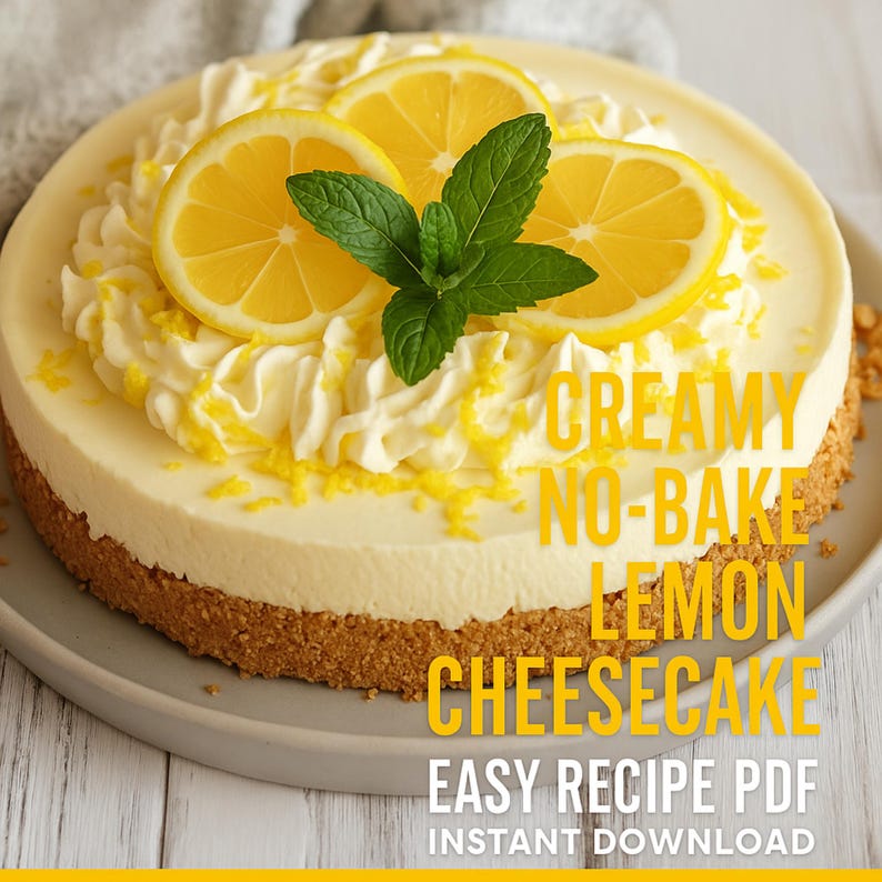 Promotional graphic for the Lemon Cheesecake PDF: "EASY RECIPE PDF, INSTANT DOWNLOAD."