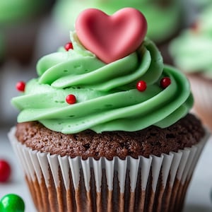 May include: A chocolate cupcake in a white paper liner topped with a swirl of light green frosting, small red candy spheres, and a single pink heart-shaped candy placed at the very peak of the piped frosting decoration.