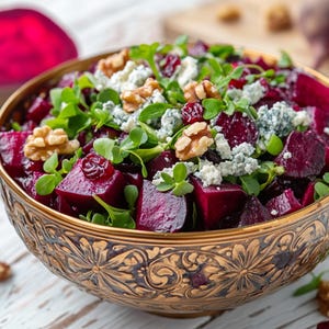 May include: A colourful salad in a decorative gold bowl. The salad contains diced beetroot, walnuts, blue cheese, cranberries, and fresh green sprouts. The bowl sits on a white wooden surface, with a halved beetroot visible.