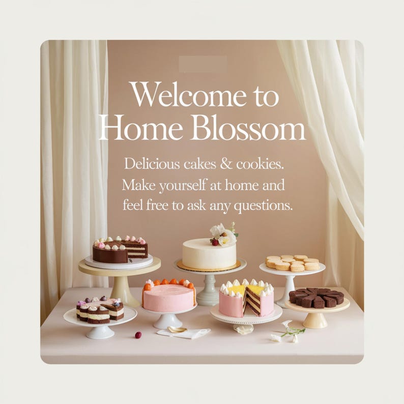 'Welcome to Home Blossom' cover image featuring a variety of small baked goods and desserts.
