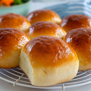 May include: Close-up of freshly baked golden-brown dinner rolls on a white wire rack. The rolls have a glossy, glazed appearance, suggesting they are soft and fluffy. A bowl of salad is visible in the background, suggesting a meal.