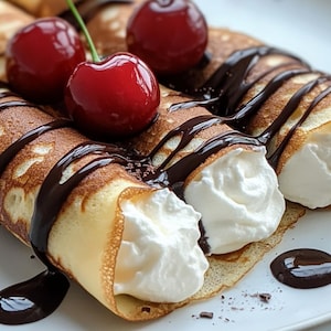 Cherry Cream Crepes Recipe: Chocolate Drizzle, No-Bake (Digital PDF Download)