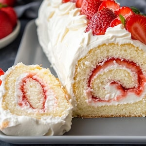 Puede incluir: Un rollo de pastel de fresa en rodajas con un relleno de crema y cubierto con fresas frescas y crema batida. El pastel está en un plato gris, con fresas adicionales en el fondo.