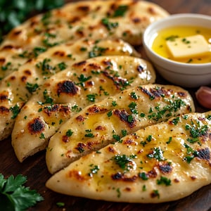 Peut inclure: Gros plan sur du pain naan fraîchement cuit, badigeonné d'huile et parsemé d'herbes. Un petit bol de beurre fondu et des gousses d'ail sont également visibles, suggérant un thème culinaire.