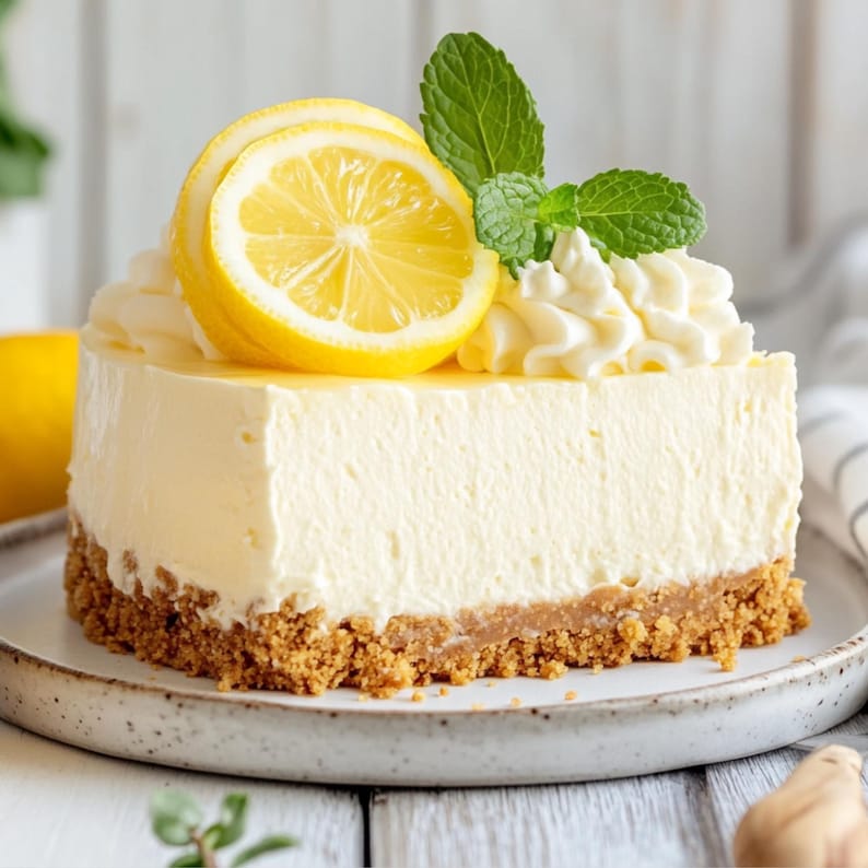 Primary tagged slice of Creamy No-Bake Lemon Cheesecake with lemon slice and mint garnish.