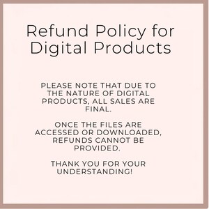 Refund policy statement for digital products on a cookie background.