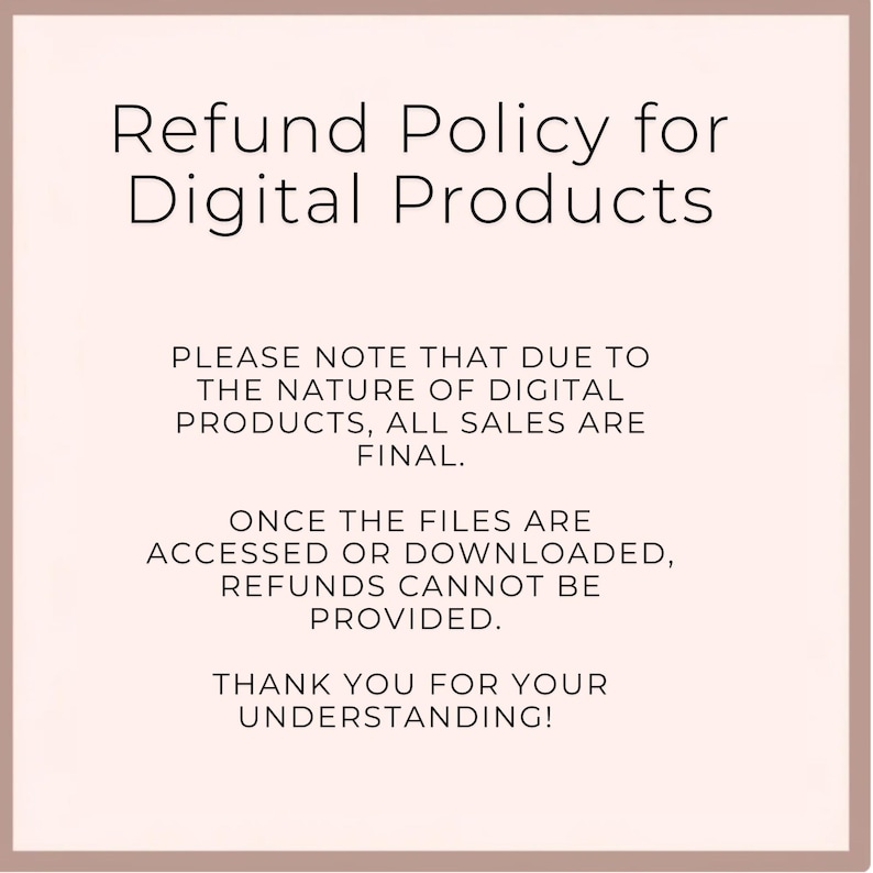Refund policy statement for digital products on a cookie background.