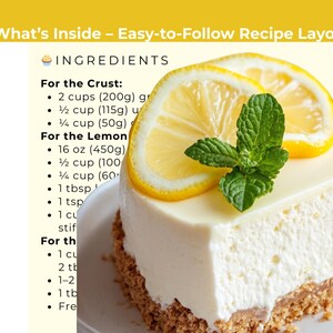 Mockup showing "What's Inside - Easy to Follow Recipe Layout" and a partial list of recipe ingredients.