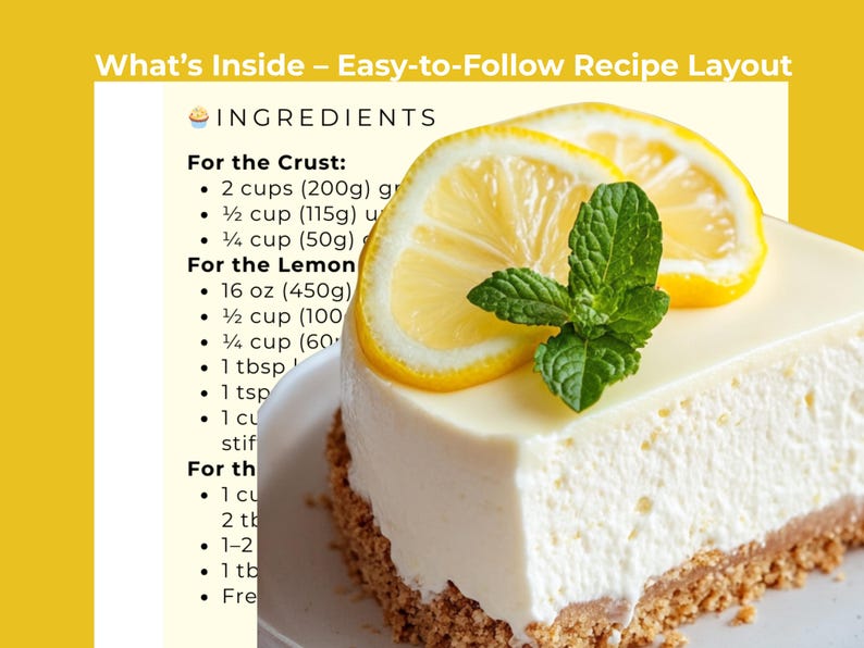 Mockup showing "What's Inside - Easy to Follow Recipe Layout" and a partial list of recipe ingredients.