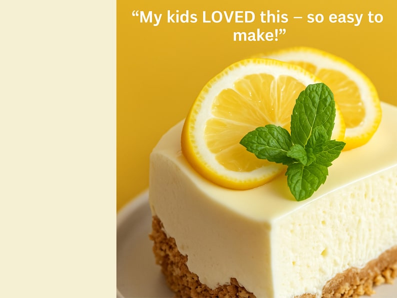 Customer review graphic: "My kids LOVED this – so easy to make!" over a close-up of the cheesecake slice.