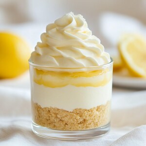 Puede incluir: Un postre en capas en un vaso transparente, con una base de galleta, una capa blanca cremosa, una capa amarilla y crema batida encima. Un limón amarillo entero y rodajas de limón en el fondo. Postre.