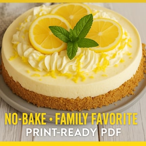 Whole No-Bake Lemon Cheesecake with text "NO-BAKE - FAMILY FAVORITE - PRINT-READY PDF.