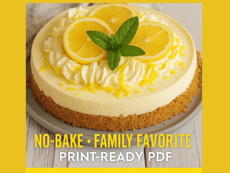 Whole No-Bake Lemon Cheesecake with text "NO-BAKE - FAMILY FAVORITE - PRINT-READY PDF.