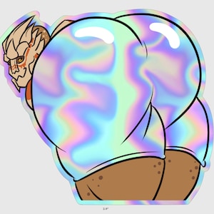 Könnte beinhalten: Ein gestanzter Aufkleber mit einer Cartoonfigur mit hellbraunem Gesicht und einem großen, holografisch gemusterten Gesäß. Der Aufkleber ist 7,37 cm breit und 6,86 cm hoch.