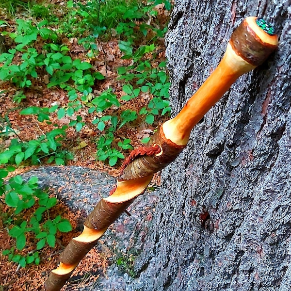 Cherry Walking Stick Hand-carved from Natural Hardwood, Personalisable Cane with Strap and Compass for Outdoor Hiking , Made in Canada