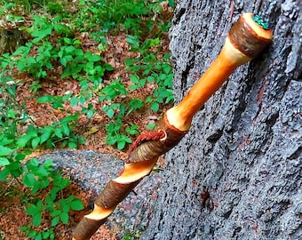 Hand-Carved Cherry Walking Stick with Compass, Outdoor Hiking Cane