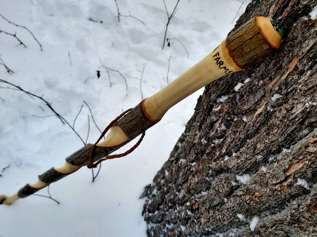 Hand-Carved Hickory Walking Stick, Compass, Leather Strap, Made in Canada
