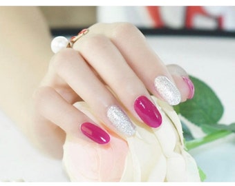 Nail Polish Strips / Nail Wraps / Nail Stickers - Good For Wider Nail  - Pink and Silver Glitter Accent