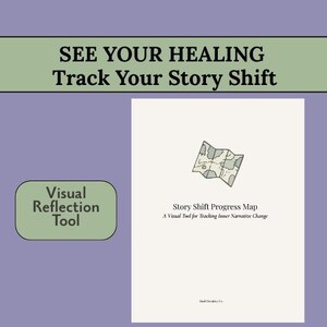 May include: A white paper with a map illustration and the text "Story Shift Progress Map". The text "SEE YOUR HEALING Track Your Story Shift" is at the top, and "Visual Reflection Tool" is in a green rounded rectangle.