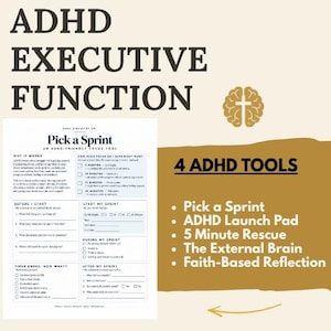 Könnte beinhalten: Ein weißes Dokument mit dem Titel Pick a Sprint mit Abschnitten zur Aufgabenplanung, Zeiterfassung und Reflexion. Daneben eine Liste von 4 ADHS-Tools, darunter Pick a Sprint, ADHD Launch Pad, 5 Minute Rescue und The External Brain.