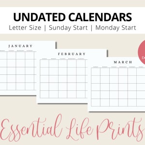 Undated 12 Month Calendar, Minimalist Calendar, Monthly Calendar, Monday Start Calendar, Sunday Start Calendar, Instant Download