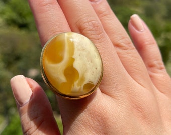 Handmade Irregular Authentic Baltic White Butterscotch Marble Amber Stone Ring with 24K Gold Plated Silver, Textured Finish, Adjustable