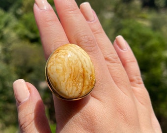 Handmade Large Irregular Authentic Baltic Butterscotch Marble Amber Stone Ring with 24K Gold Plated Silver, Textured Finish, Adjustable