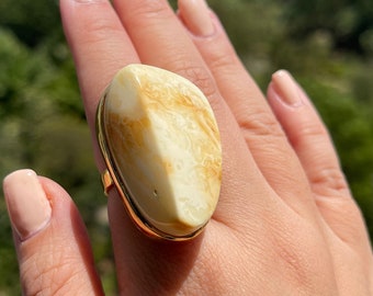 Handmade Large Irregular Authentic Baltic White Marble Amber Stone Ring with 24K Gold Plated Silver, Textured Finish, Adjustable