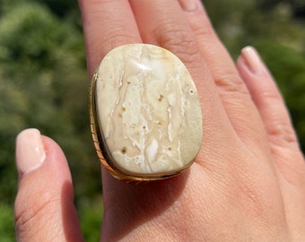 Handmade Huge Irregular Authentic Baltic White Butterscotch Marble Amber Stone Ring with 24K Gold Plated Silver, Textured Finish, Adjustable