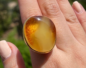 Handmade Irregular Authentic Baltic Honey Butterscotch Marble Amber Stone Ring with 24K Gold Plated Silver, Textured Finish, Adjustable