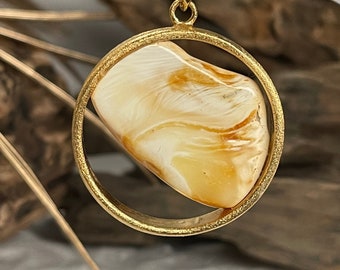 ALL NATURAL Baltic Butterscotch Marbling Amber Double-sided Pendant on Matte Gold Plated Metal, Designer Pendant