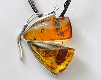 Cognac Amber Butterfly Pendant Silver from Germany, Designer Style Amber Pendant with Multi-stranded Leather Necklace, Designed by Darek