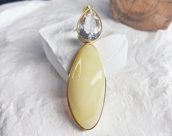 Butterscotch Milky Whilte Yellow Marbling Amber Pendant with Gold-tone Metal Plated Silver, Accented with Clear Crystal