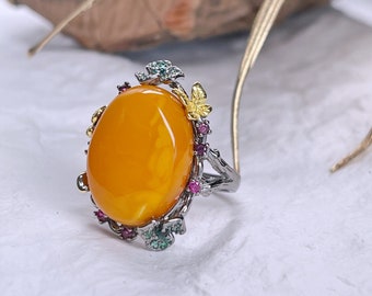 Vintage Amber Garden,  Statement Cocktail Ring, Size US 6.5